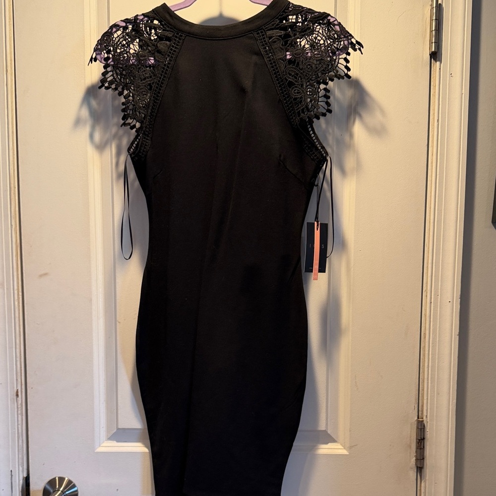 iris Black Midi Dress with Lace Cap Sleeves